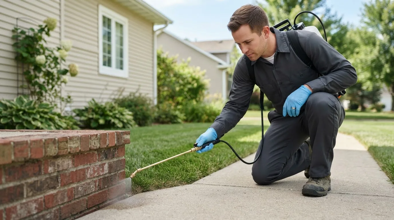 Pest control technician treating a home near La Crosse, IN