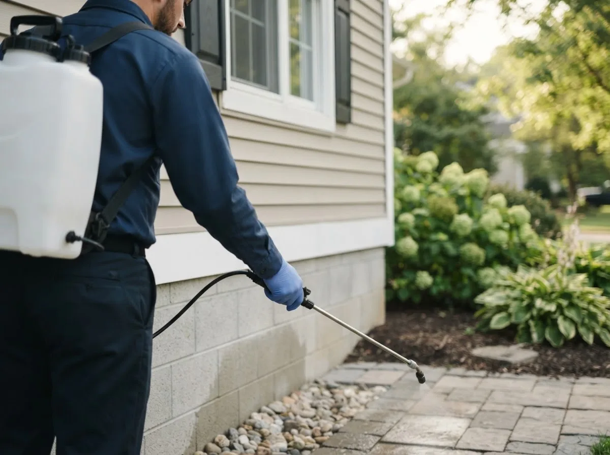 Pest control technician inspecting a home in La Crosse, IN